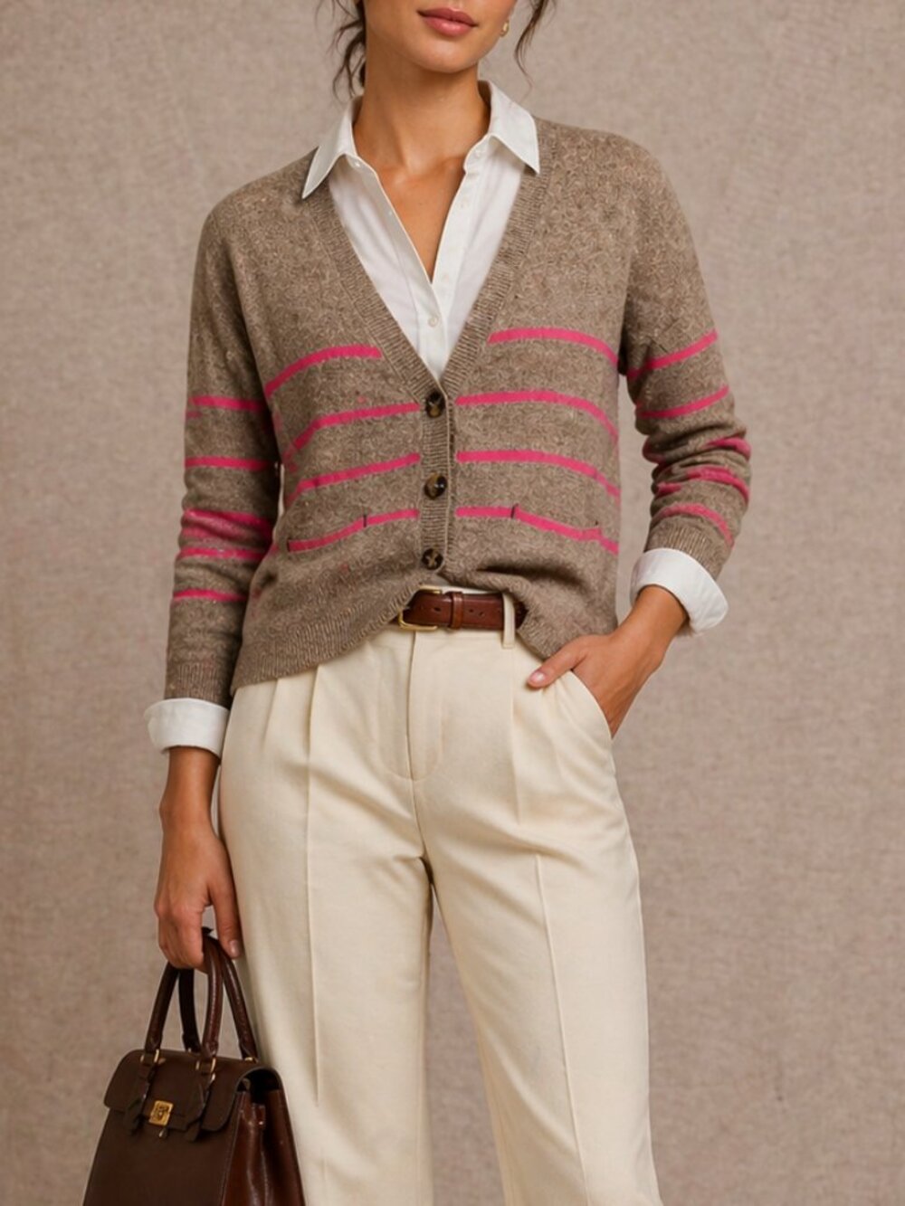 American Eagle Small Wool Y2K Tan Pink Stripe Crop Preppy Long Sleeve Cardigan